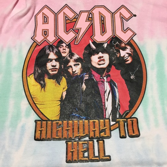 AC/DC Highway To Hell Crop Hoodie Tie Dye Women’s L Pink Green Relaxed - Picture 6 of 9